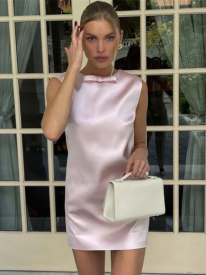 Satin Mini Dress for Backless Bow Clothes Sleeveless Tank Dresses Femme Party Evening Dress Woman