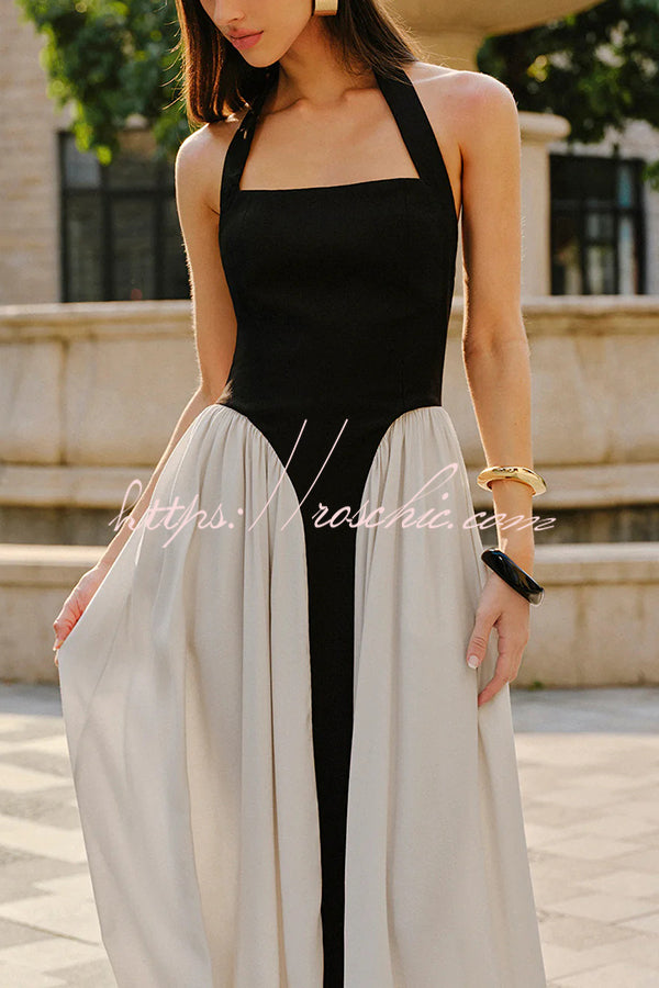 Contrast Color Stitching Sleeveless Backless Slim Maxi Dress