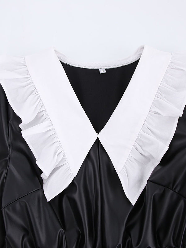 Loose Puff Sleeves Elasticity Pleated Split-joint Peter Pan Collar Mini Dresses