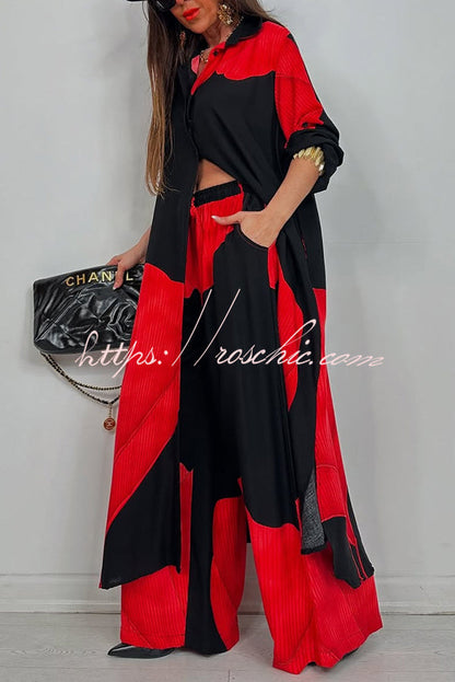 Unique Printed Loose Long Shirt and Elastic Waist Pocket Wide Leg Pants Set