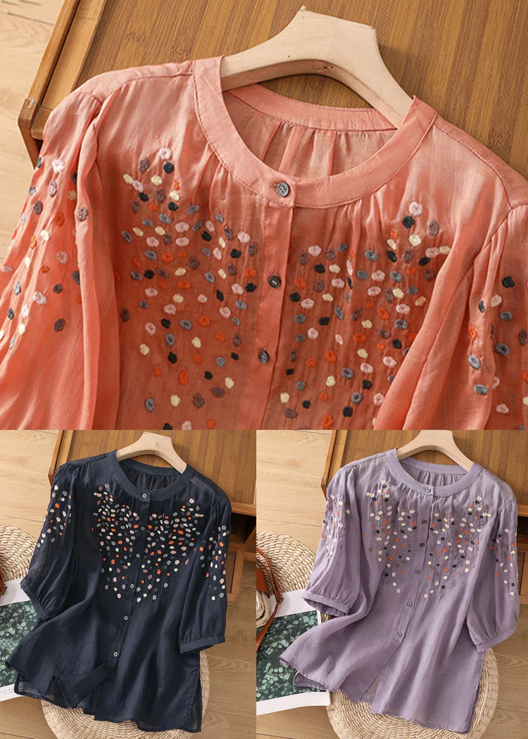 Grace Purple O Neck Embroideried Side Open Linen Blouse Spring Qb032