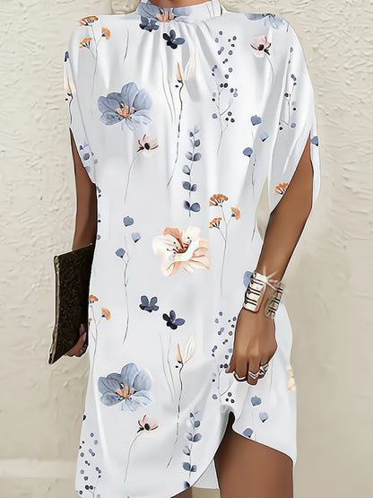 Batwing Sleeves Loose Flower Print Round-neck Mini Dresses