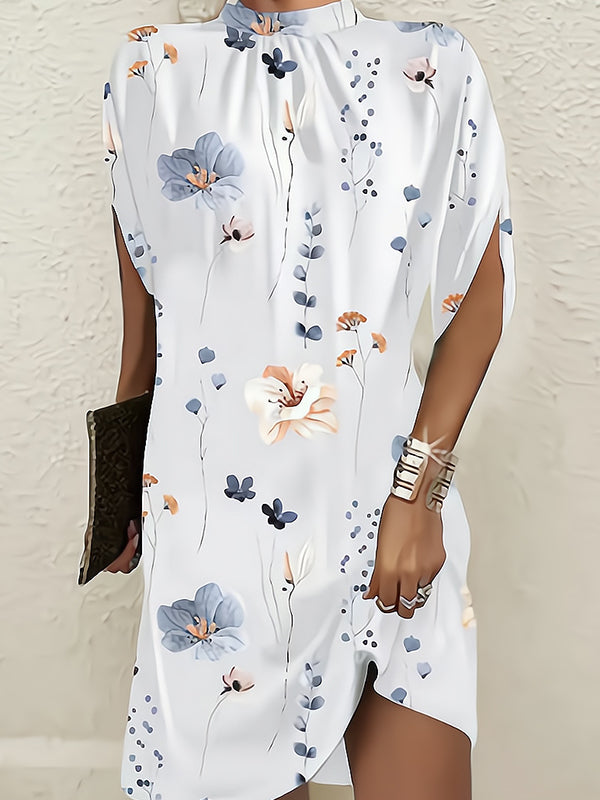 Batwing Sleeves Loose Flower Print Round-neck Mini Dresses