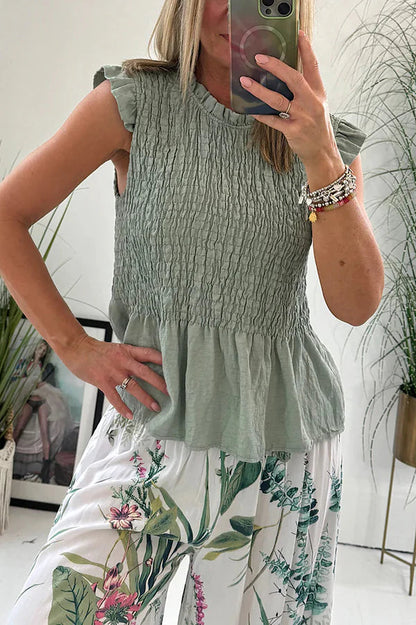 Charming Body Linen Blend Smocked Detail Frill Sleeve Blouse