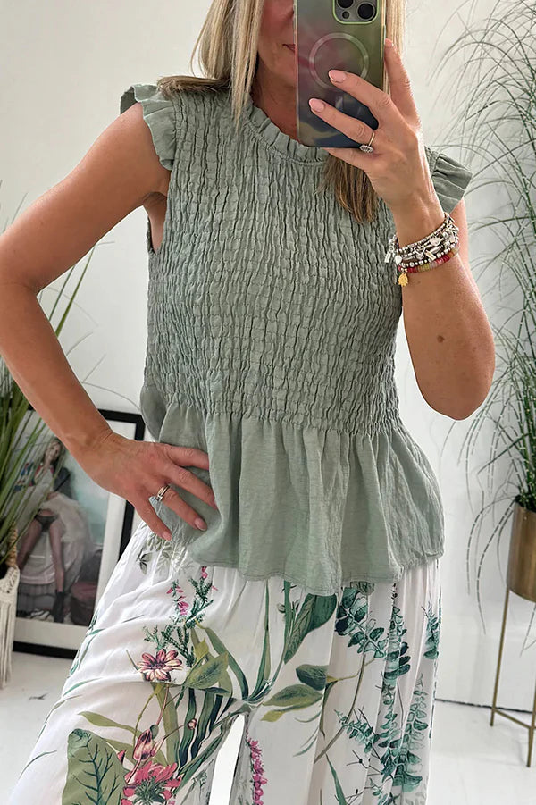 Charming Body Linen Blend Smocked Detail Frill Sleeve Blouse
