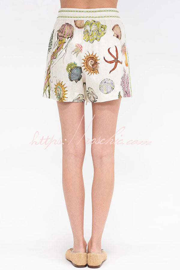 Beach Shell Print Short Sleeve Loose Shirt and Elastic Waist Tie Pocket Shorts Set