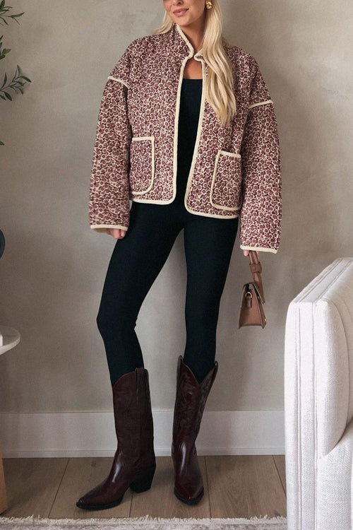 Stand Collar Open Front Print Quilted Coat