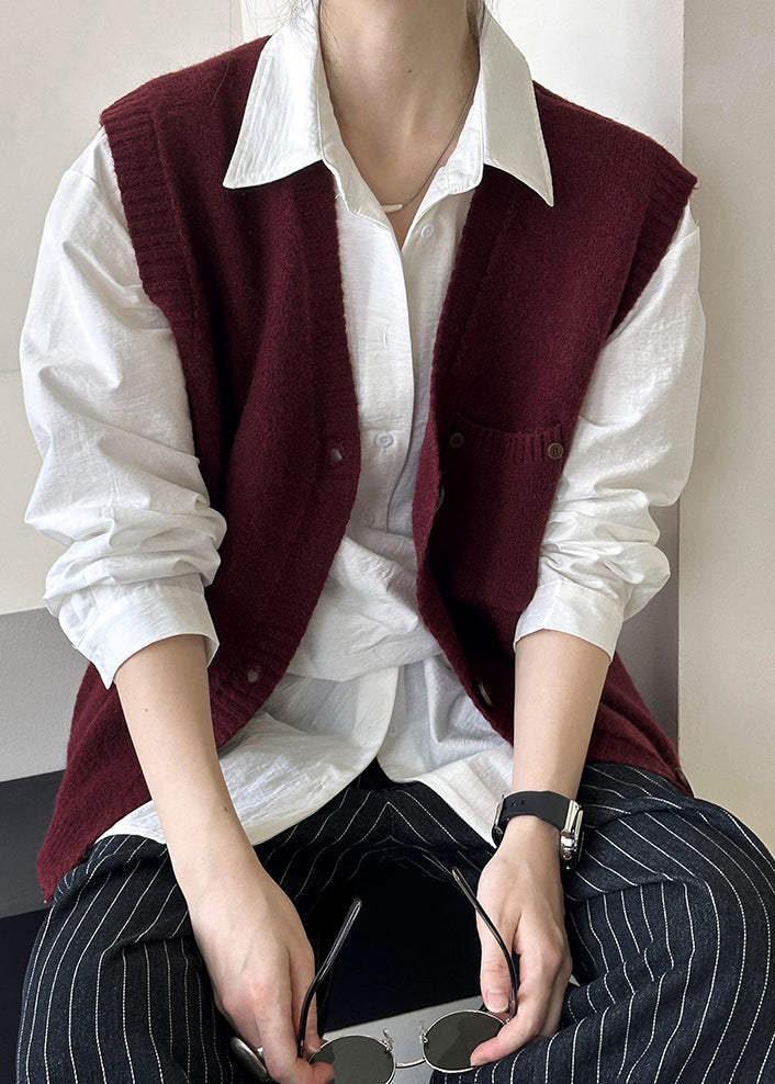Wine Red Pockets Cozy Knit Waistcoat V Neck Fall Af1022