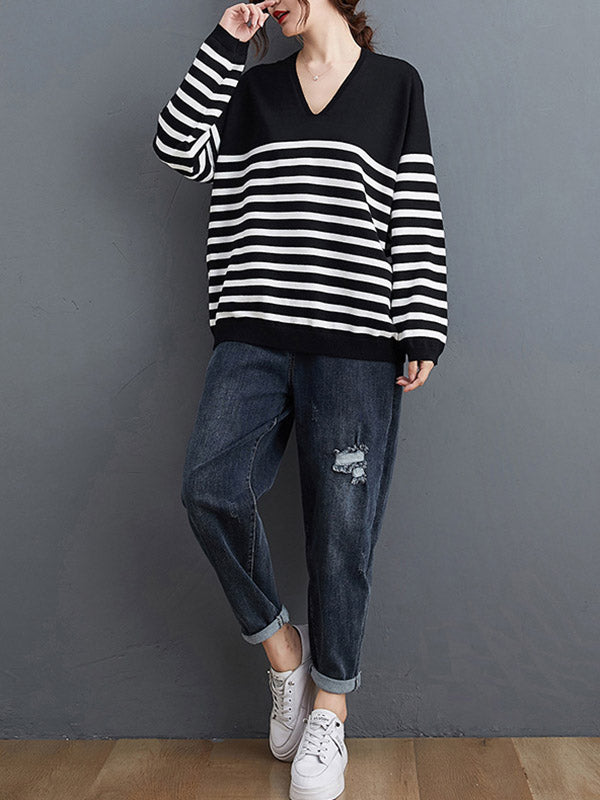 Loose Black V-neck Contrast Color Striped Long Sleeve Knit Sweater An1035