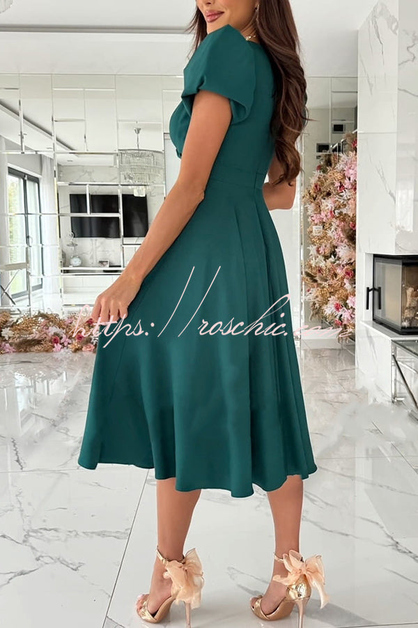 Zayla Color Puff Sleeve V-neck Waist Slim Fit Midi Dress