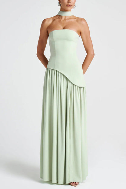 Off Shopulder Chiffon Pleated Hem Scarf Slit Maxi Dress