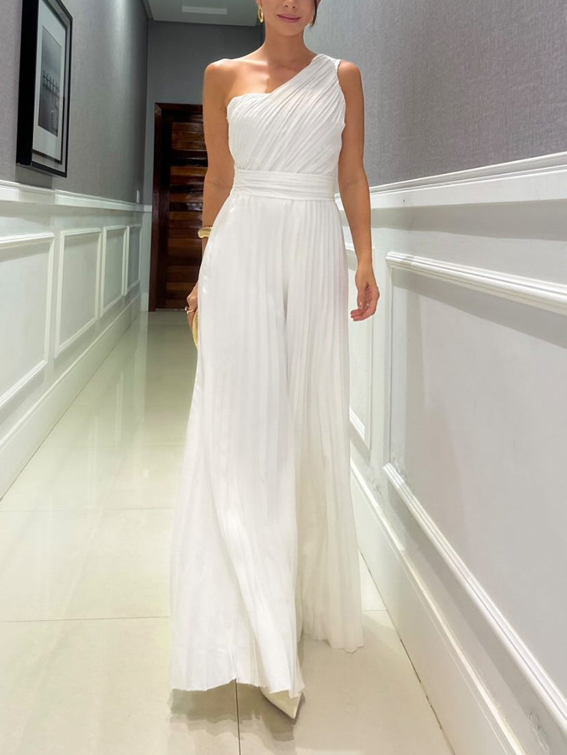 Pleated Slant Neck Waist Jumpsuit