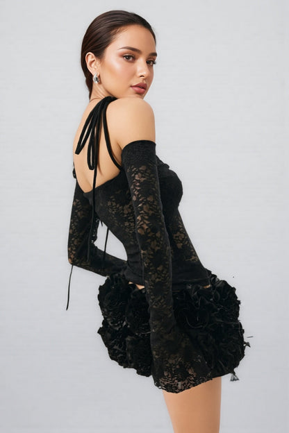 Leths Black Strapless 3d Flower Mini Dress Set