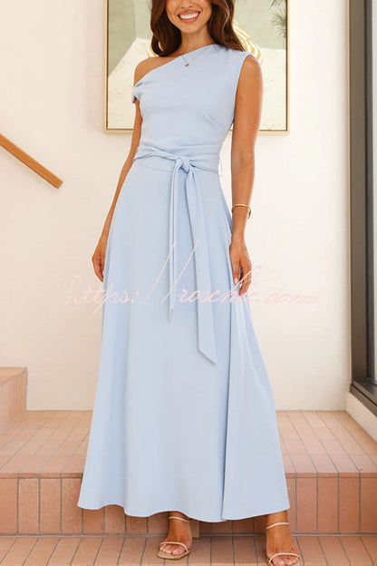 Color Sloped Collar Slim Fit Waist Lace Up Full Hem Maxi Dress
