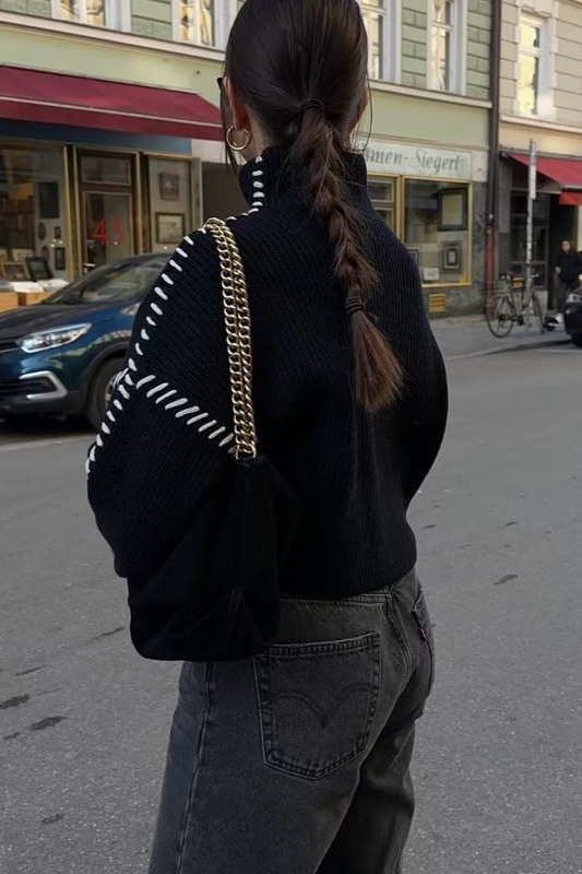 Crew Neck Contrast Color Panel Sweater