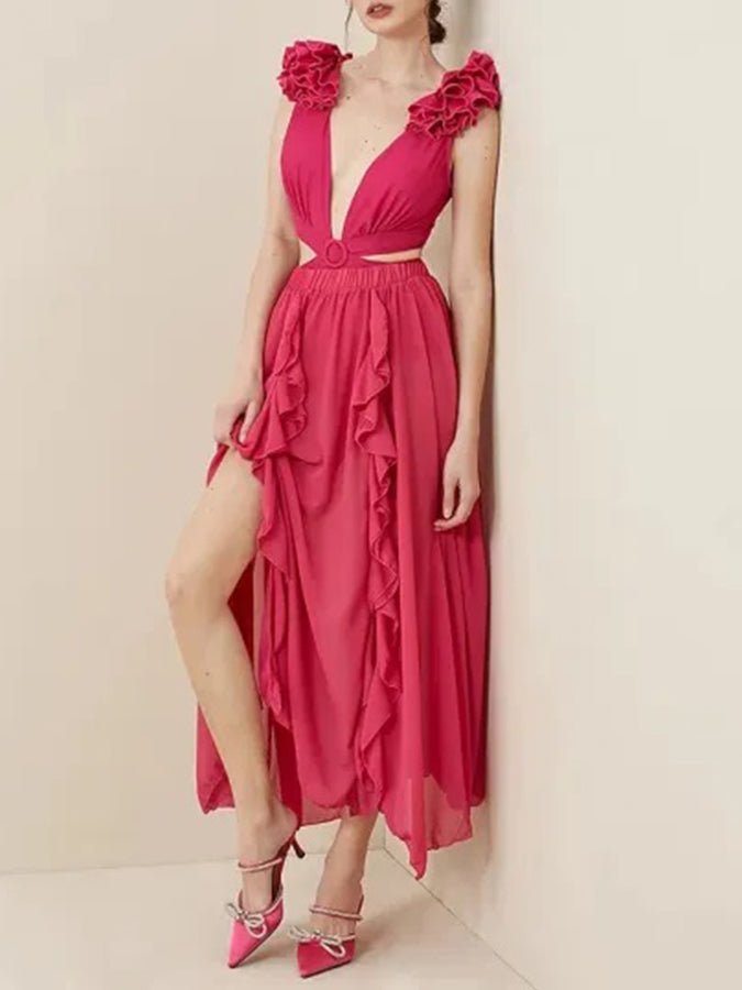 Deep V Red Cutout One Piece Swimsuit and Skirt