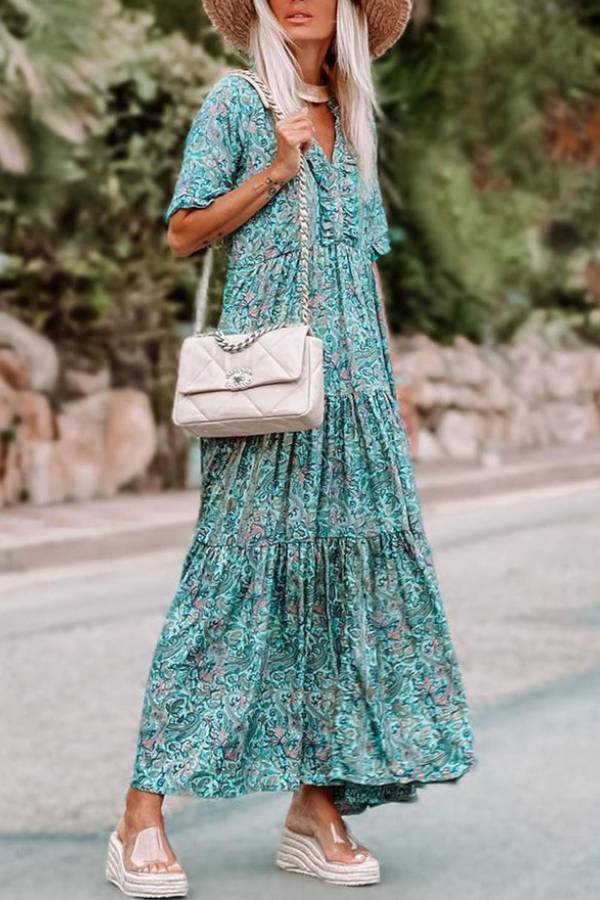Sky Blue Paisley Print Split V Neck Tiered Maxi Dress