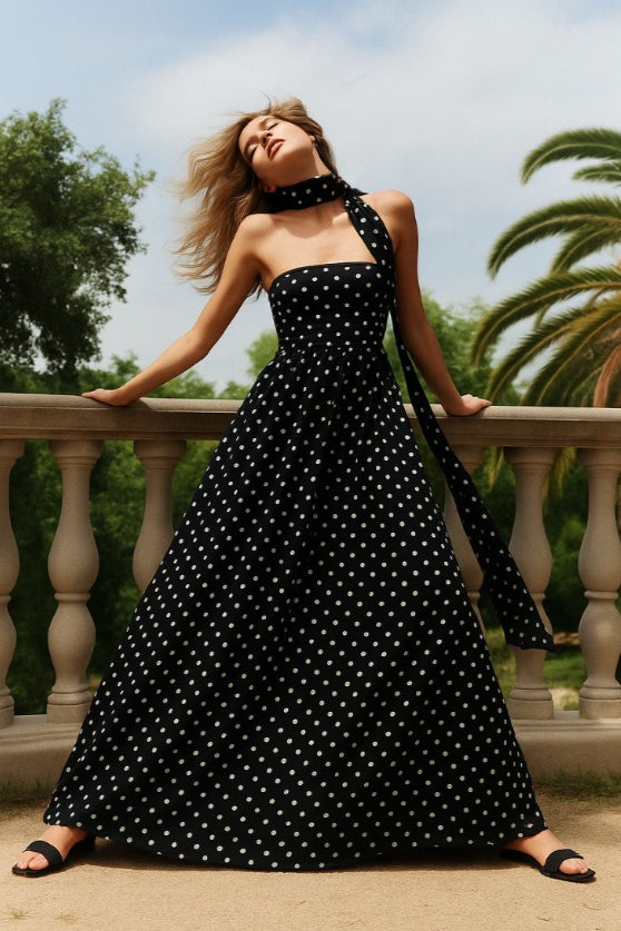 Polka Dot Off-shoulder Cami Tie Maxi Dress