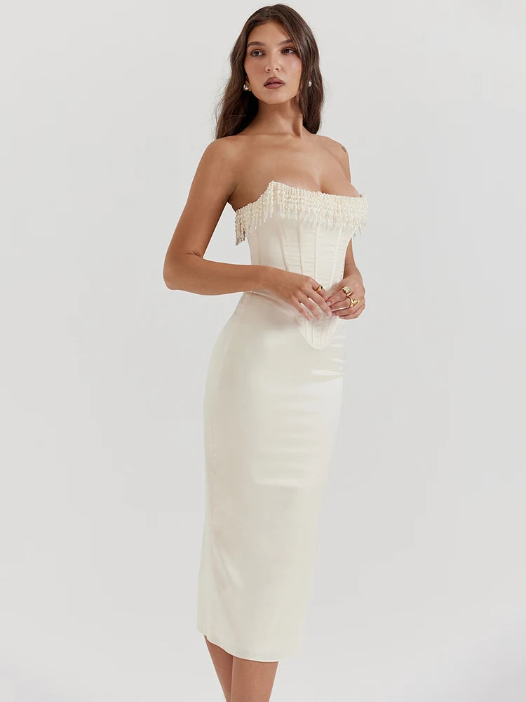 Pearl Tassel Midi Dress for Party Outfits Off-shoulder Strapless Backless Bodycon Club Dress