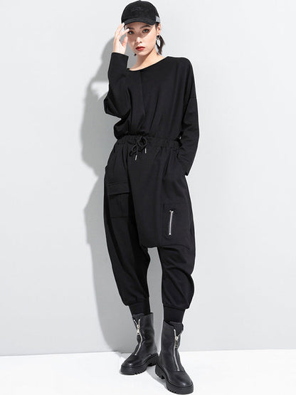 Simple Black Elasticity Waist Pockets Harem Pants Ws012