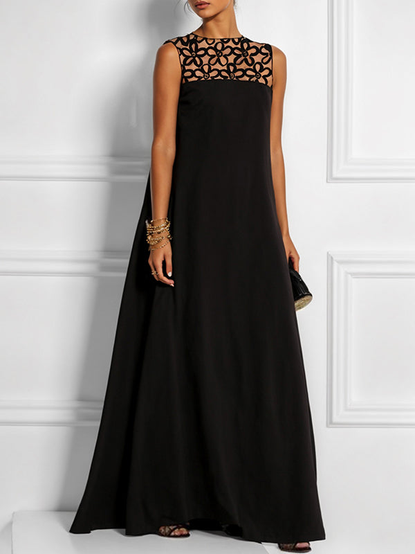 Loose Sleeveless Hollow Color Split-joint Round-neck Maxi Dresses