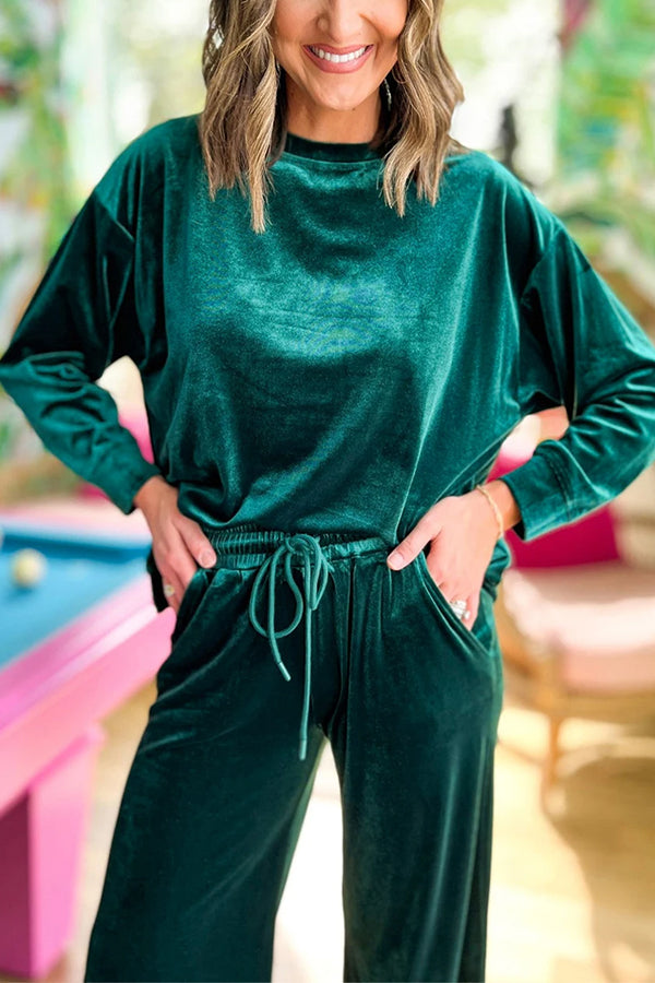 Blackish Green Velvet Long Sleeve Top \u0026 Wide Leg Pants Set