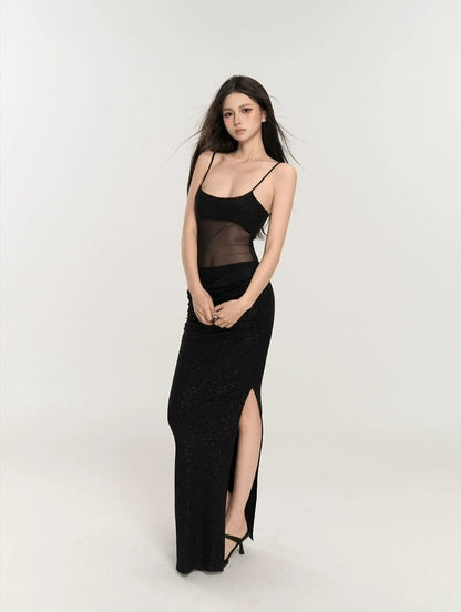 Black Mesh Glitter Maxi Dress