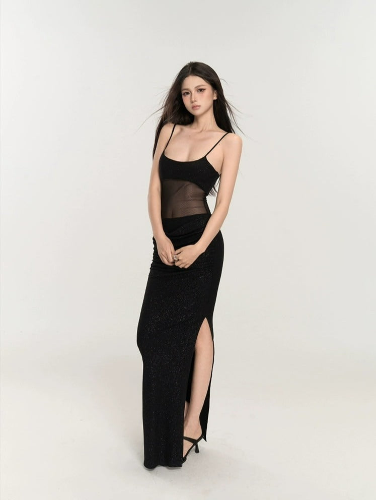 Black Mesh Glitter Maxi Dress