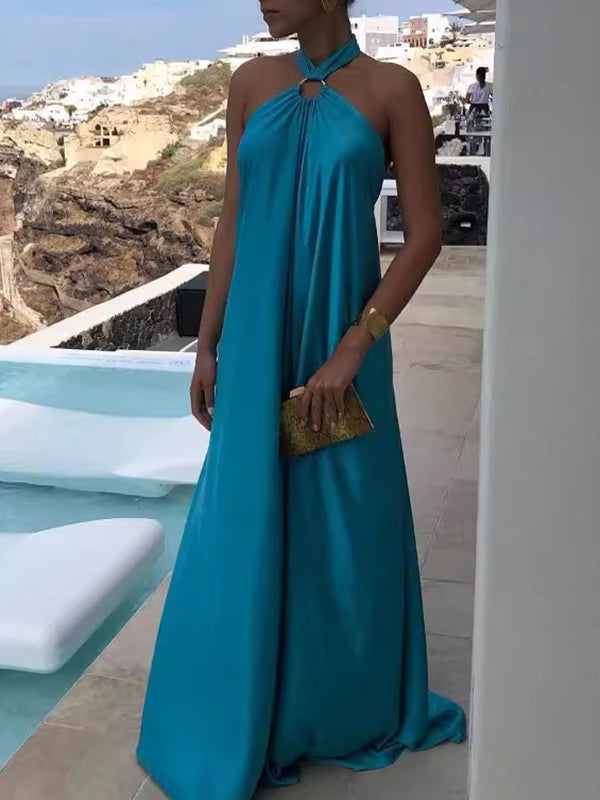 A-line Loose Backless Color Tied Halter-neck Maxi Dresses