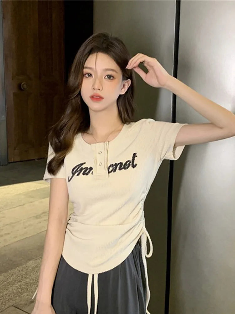 T-shirts Y2k Tops Drawstring Summer Graphic Knitting Harajuku Korean Letter Short Sleeve Aesthetic Clothing