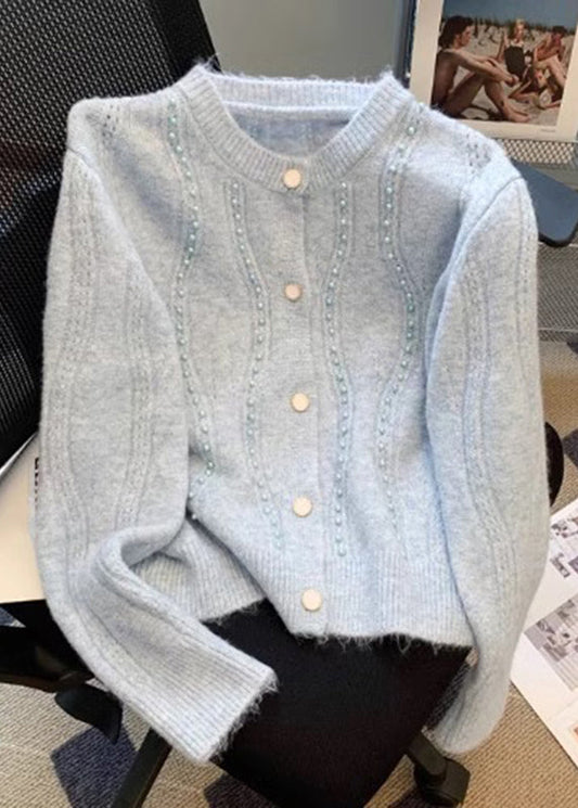 Unique Blue Nail Bead Cotton Knit Cardigans Fall Wd034