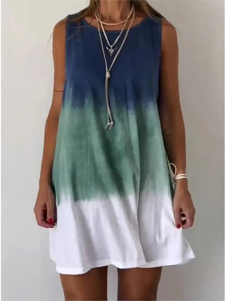 Gradient Tie Dye Print Mini Dresses Summer New Loose O Neck Sleeveless Dress Lady Vestidos