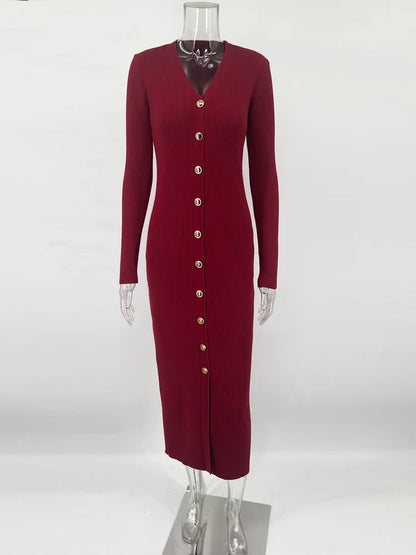 Autumn V-neck Knit Long Dress for Ribbed Patchwork Cardigan Slim Party Dress Female Knitwear Maxi Dress