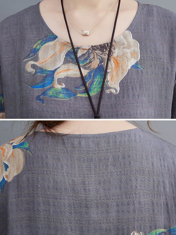 Loose Pleated Flower Printed Round-neck Long Sleeves Maxi Dress