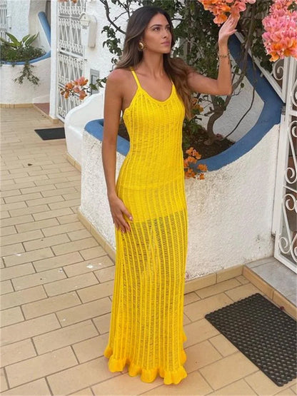 Ruffled See-through Backless Halter Dress Female Sleeveless Hollow Out High Waist Gown Spaghetti Maxi Dress
