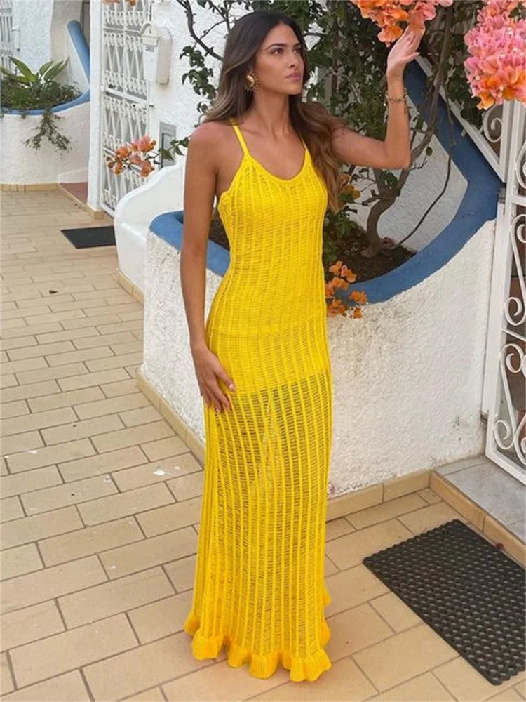 Ruffled See-through Backless Halter Dress Female Sleeveless Hollow Out High Waist Gown Spaghetti Maxi Dress