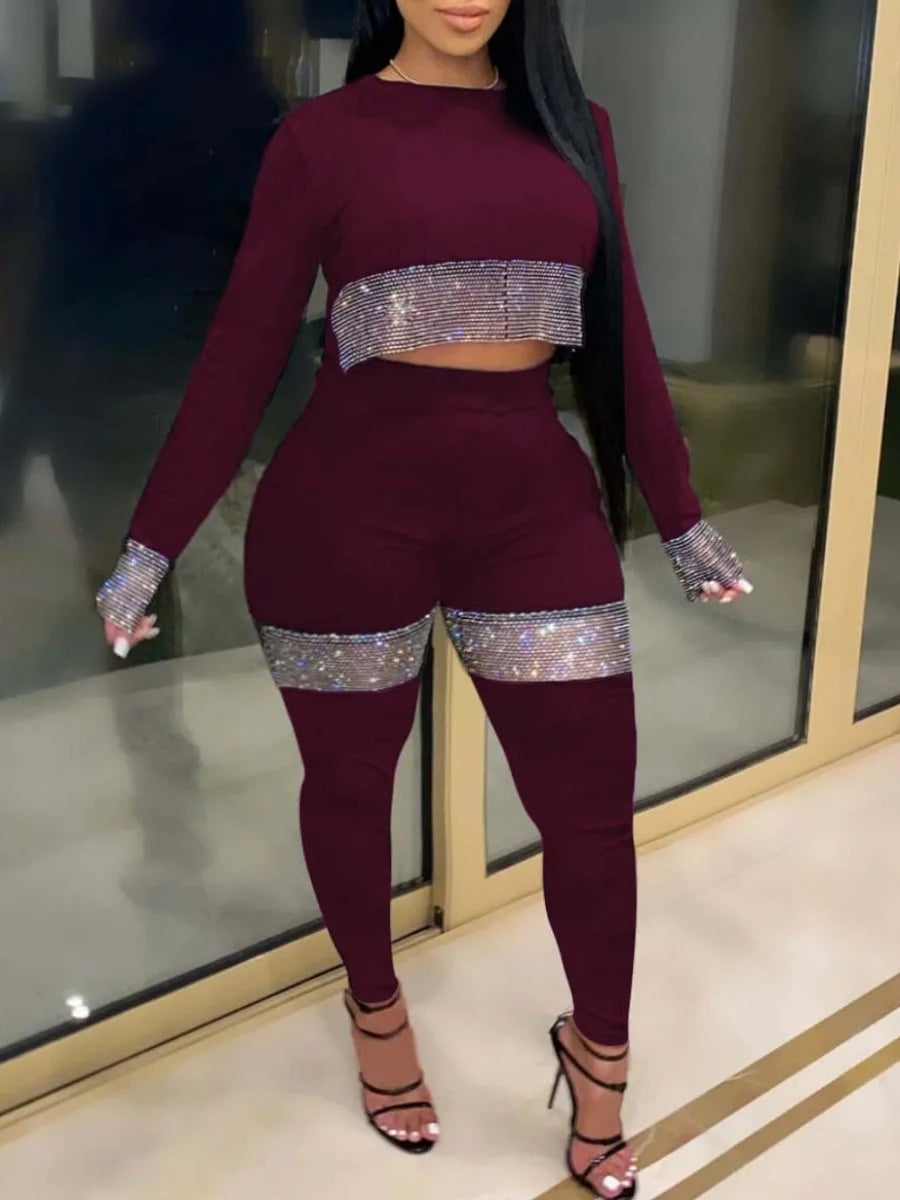 Crop Top See Through Sequined Pants Set Long Sleeve Two-pieces Autumn Round Neck Crop Top Pant