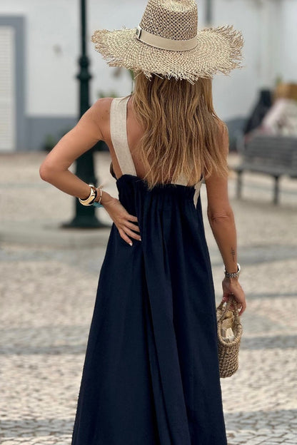 Cross-strap Halter Neck Flared Colorblock Maxi Dress