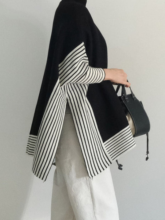 Design Loose High Neck Split-side Striped Batwing Sleeve Sweater Qx010