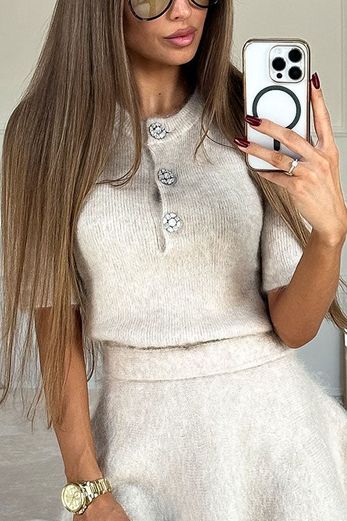 Crewneck Short Sleeves Button Up Sweater