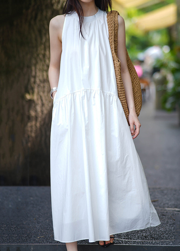 Yellow Pockets Cotton Long Dress Sleeveless Af1043