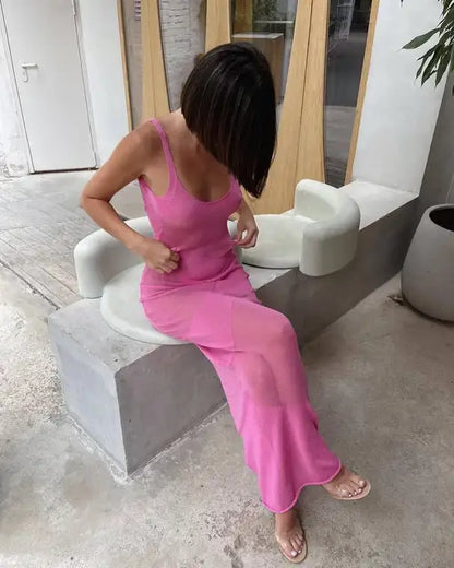Backless Beach Dress Mesh Splice See Through Knitted Long Dresses Hot Party Slim Cover-up Dress