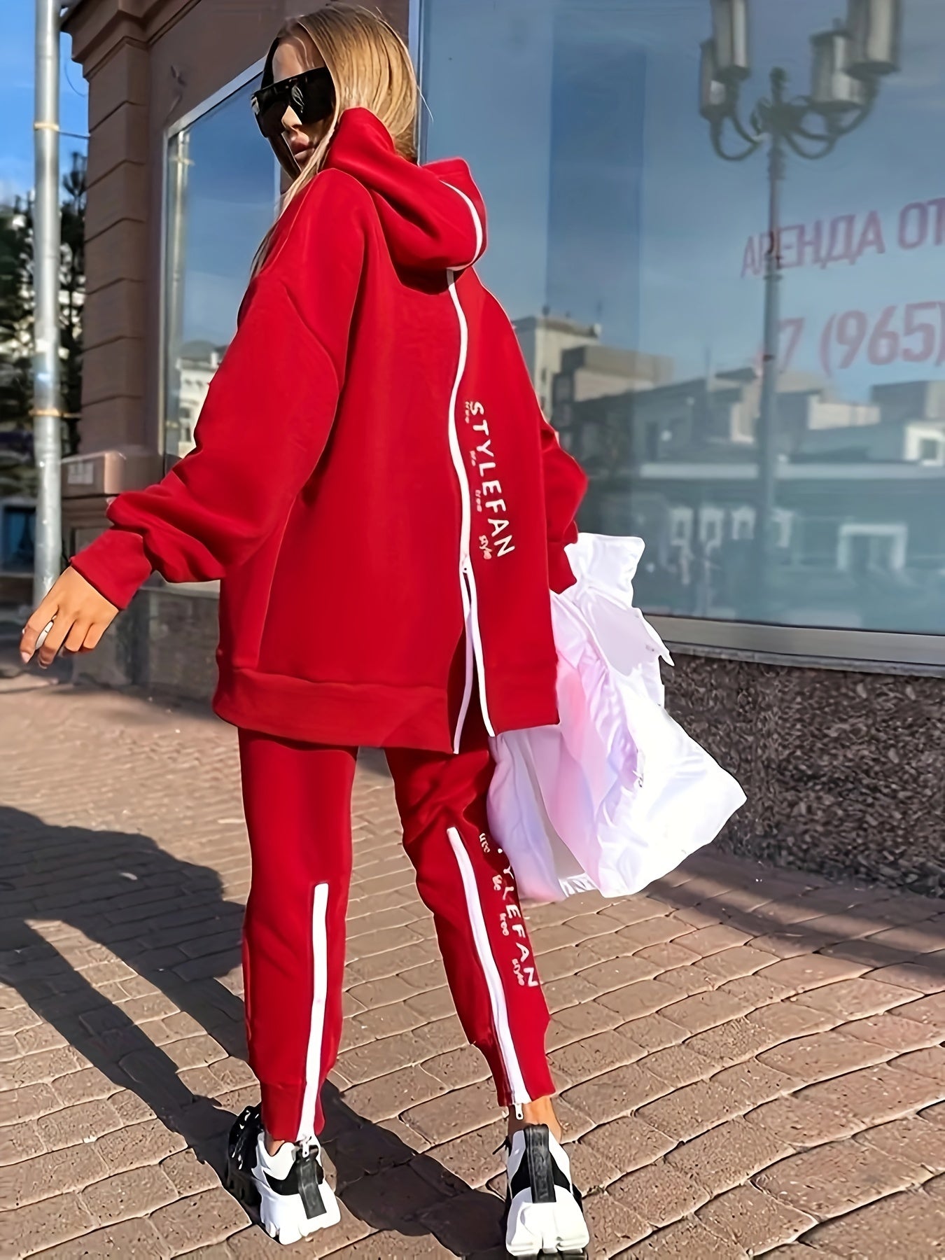 Zipper Back Drop Shoulder Hoodie & Elastic Waist Pants Outfits Fy8741