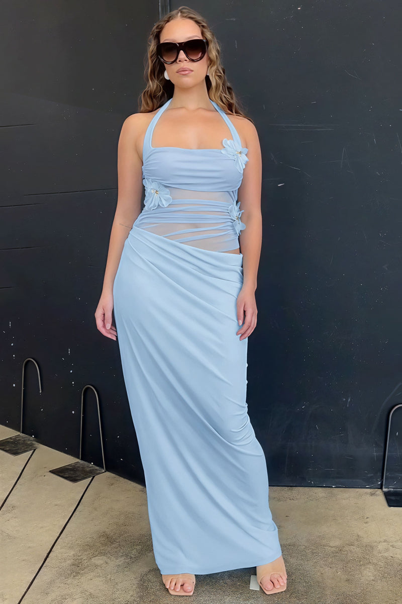 3d Patchwork Halter Slim Cutout Waist Maxi Dress