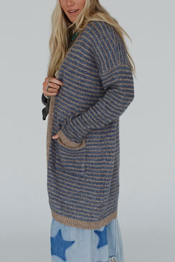 Contrast Striped Loose Long-sleeved Mid-length Knitted Cardigan