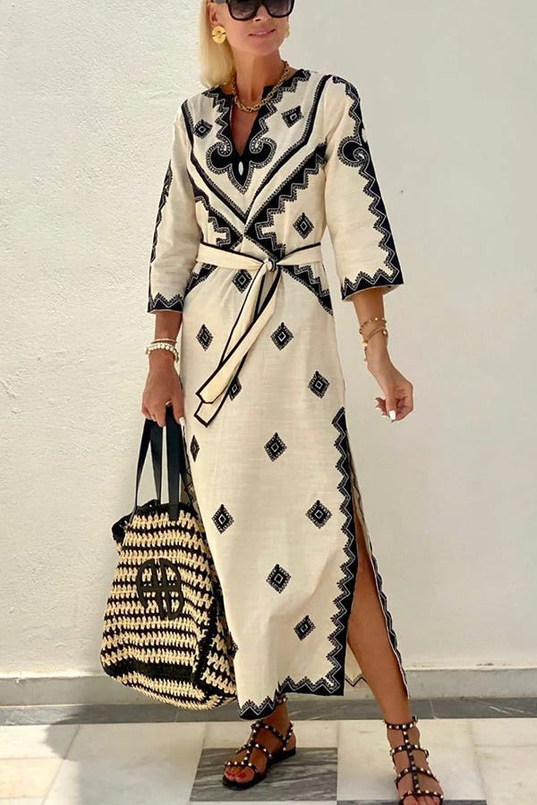 Quiet Atmosphere Linen Blend Print Belted Midi Dress