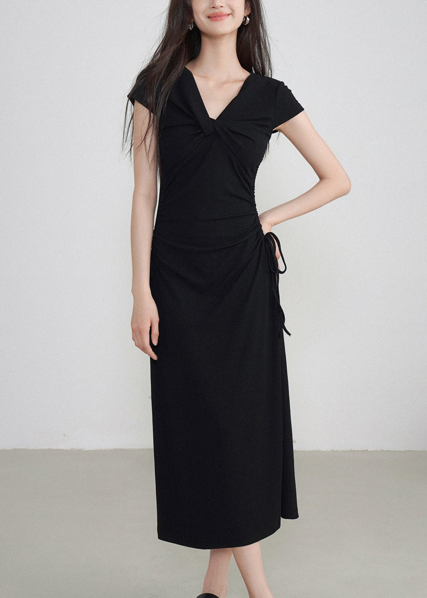 Classy Black V Neck Cinched Maxi Dresses Short Sleeve Ee033