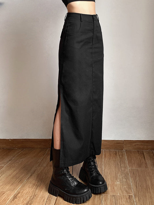 Simple Black Split Slim Light Cool Feminine Charm Skirt