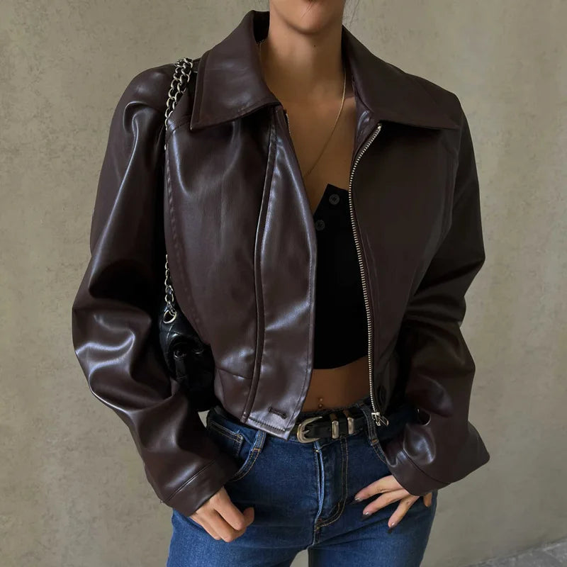 Zipper Retro Pu Jackets Winter Temperament Basic Coats Female Autumn Leather Jacket Woman