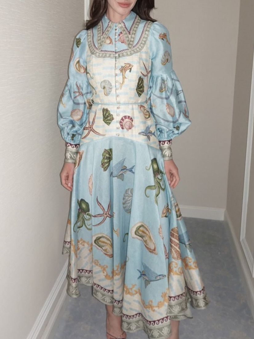 Unique Deep Sea Print Single Breasted Midi Dress